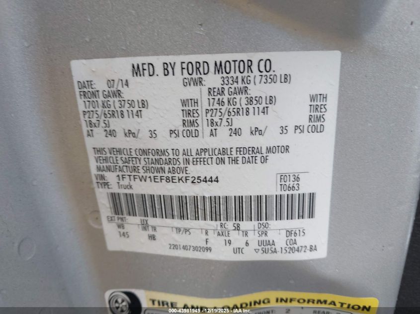 2014 Ford F-150 Lariat VIN: 1FTFW1EF8EKF25444 Lot: 43981949