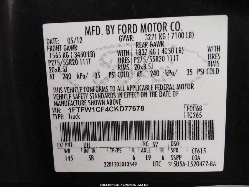 2012 Ford F-150 Fx2 VIN: 1FTFW1CF4CKD77678 Lot: 43981950