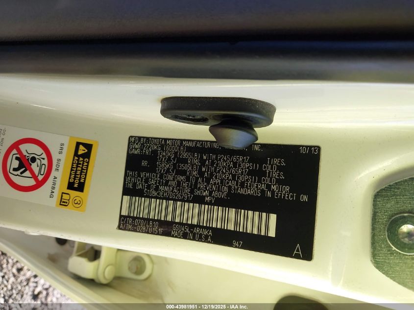 2013 Toyota Highlander Se V6 VIN: 5TDBK3EH7DS267917 Lot: 43981951