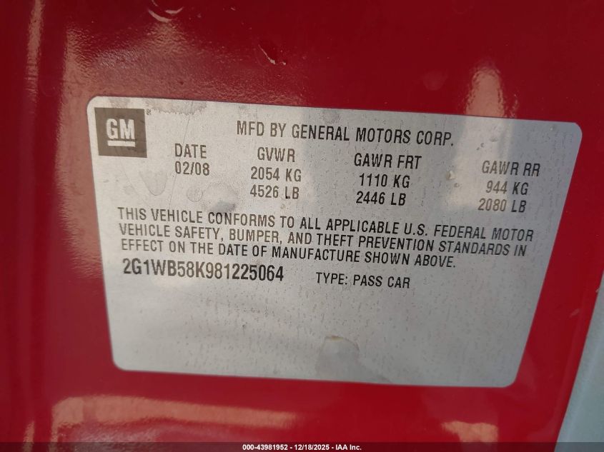 2008 Chevrolet Impala Ls VIN: 2G1WB58K981225064 Lot: 43981952