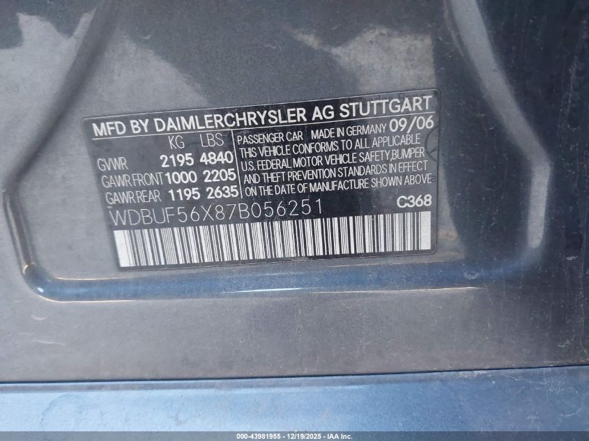2007 Mercedes-Benz E 350 VIN: WDBUF56X87B056251 Lot: 43981955