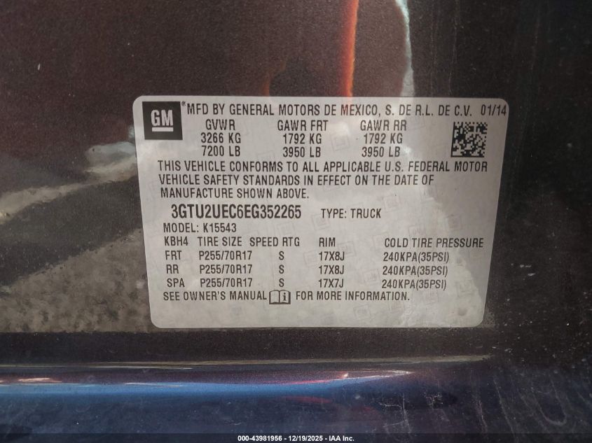 2014 GMC Sierra 1500 Sle VIN: 3GTU2UEC6EG352265 Lot: 43981956