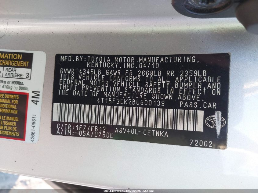 2011 Toyota Camry Le VIN: 4T1BF3EK2BU600139 Lot: 43981957