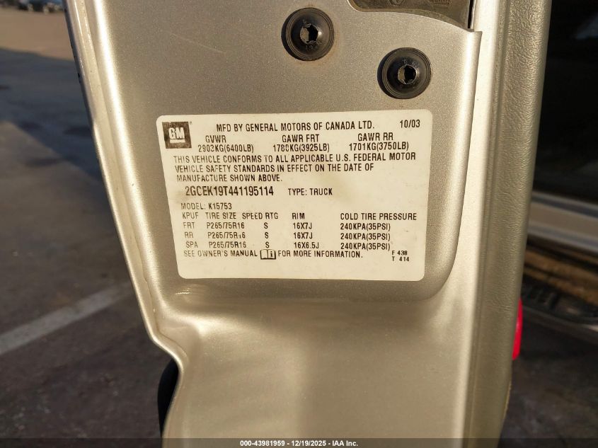 2004 Chevrolet Silverado 1500 Z71 VIN: 2GCEK19T441195114 Lot: 43981959