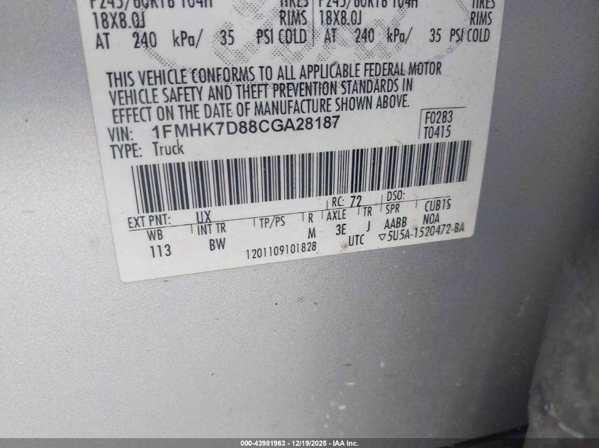 2012 Ford Explorer Xlt VIN: 1FMHK7D88CGA28187 Lot: 43981963