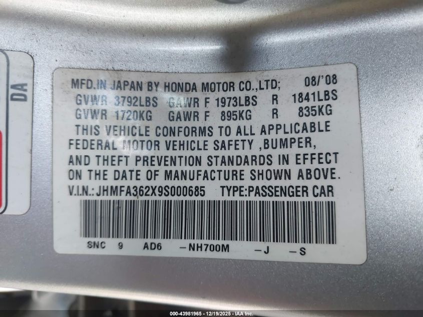 2009 Honda Civic Hybrid VIN: JHMFA362X9S000685 Lot: 43981965