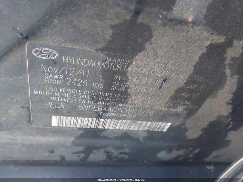 2012 Hyundai Sonata Gls VIN: 5NPEB4AC8CH417776 Lot: 43981969