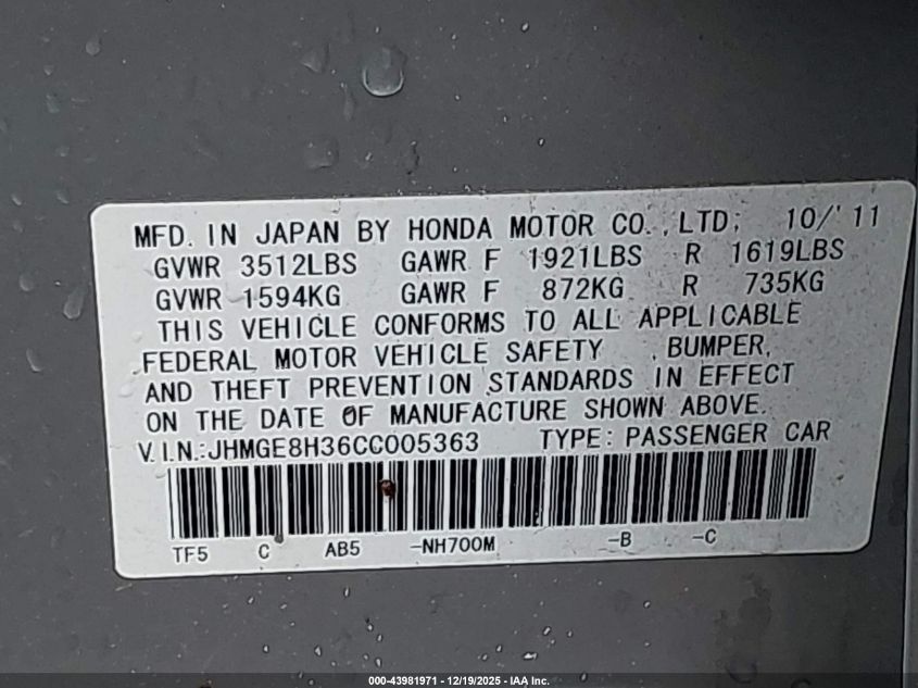 2012 Honda Fit VIN: JHMGE8H36CC005363 Lot: 43981971