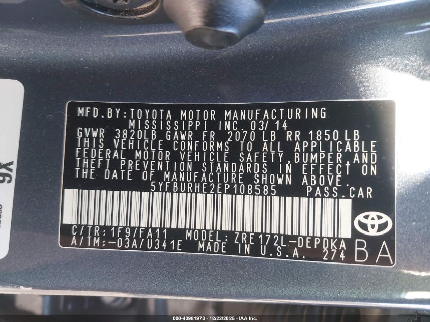 2014 Toyota Corolla L VIN: 5YFBURHE2EP108585 Lot: 43981973