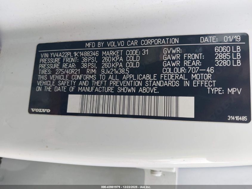 2019 Volvo Xc90 T6 Inscription VIN: YV4A22PL1K1488346 Lot: 43981979