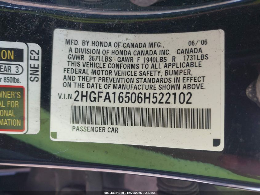 2006 Honda Civic Lx VIN: 2HGFA16506H522102 Lot: 43981980