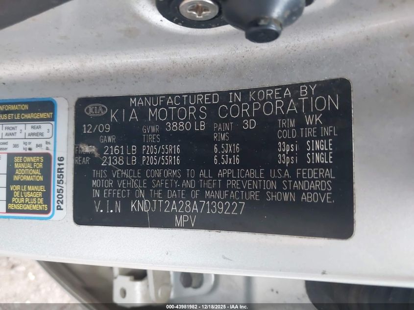 2010 Kia Soul + VIN: KNDJT2A28A7139227 Lot: 43981982