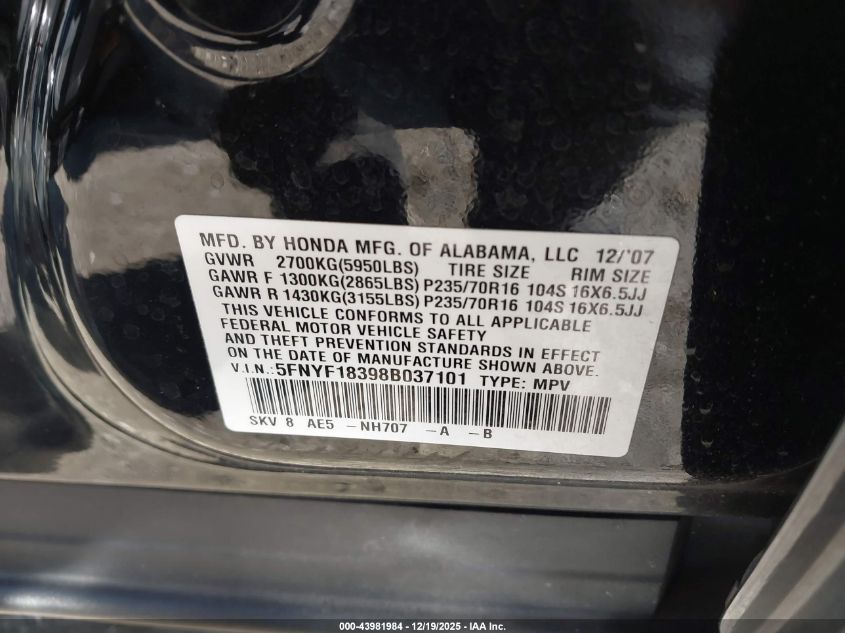 2008 Honda Pilot Se VIN: 5FNYF18398B037101 Lot: 43981984