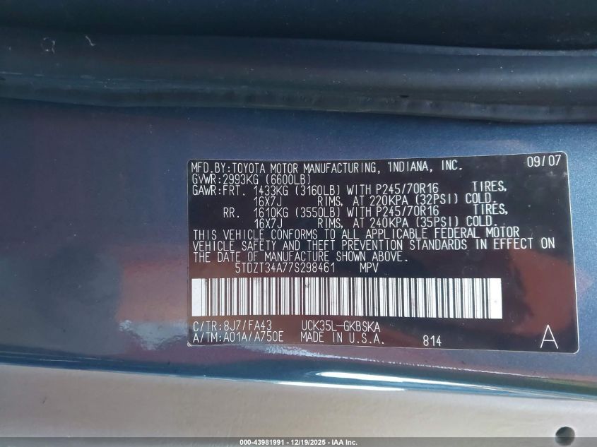 2007 Toyota Sequoia Sr5 V8 VIN: 5TDZT34A77S298461 Lot: 43981991