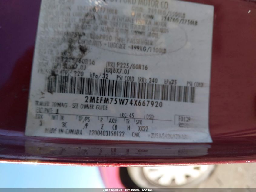 2004 Mercury Grand Marquis Ls VIN: 2MEFM75W74X667920 Lot: 43982000