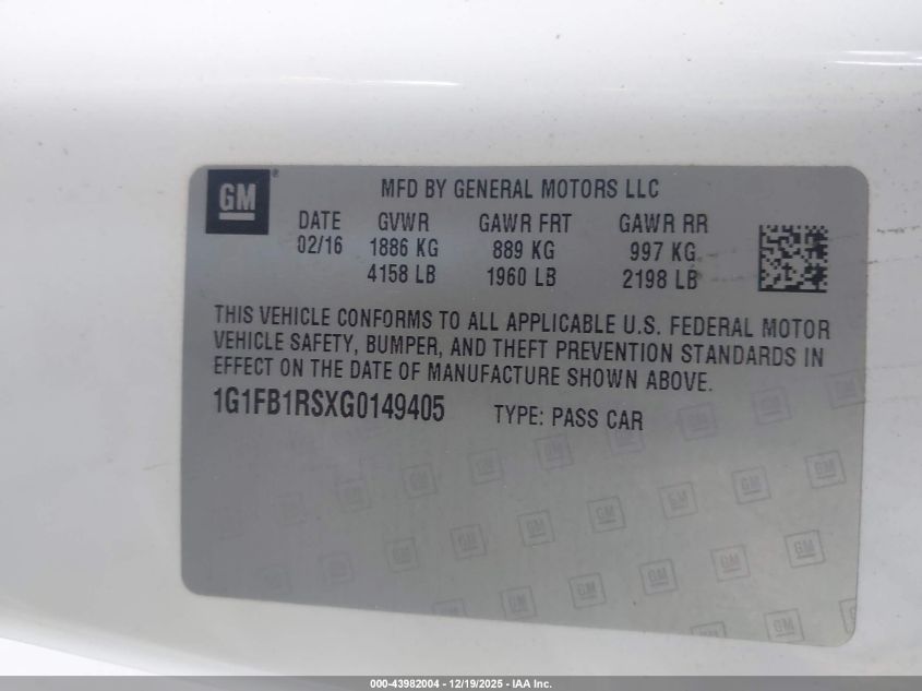 2016 Chevrolet Camaro 1Lt VIN: 1G1FB1RSXG0149405 Lot: 43982004