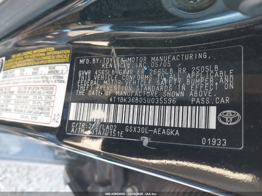 2005 Toyota Avalon Xls VIN: 4T1BK36B05U035596 Lot: 43982005