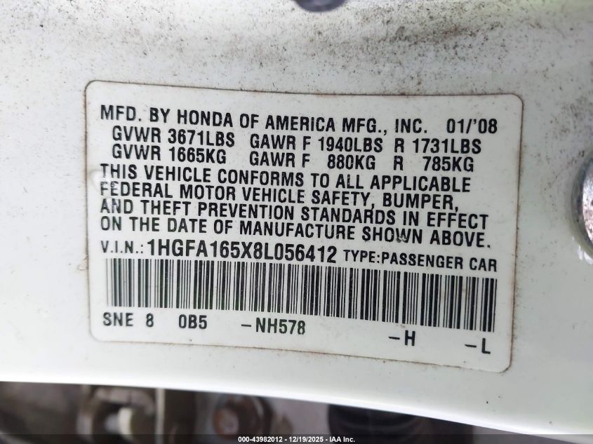 2008 Honda Civic Lx VIN: 1HGFA165X8L056412 Lot: 43982012