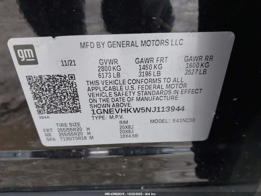 2022 Chevrolet Traverse Awd Lt Leather VIN: 1GNEVHKW5NJ113944 Lot: 43982015