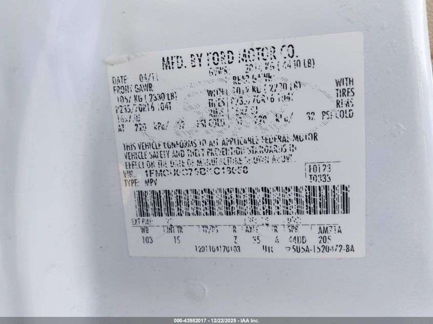 2011 Ford Escape Xls VIN: 1FMCU0C75BKC18058 Lot: 43982017