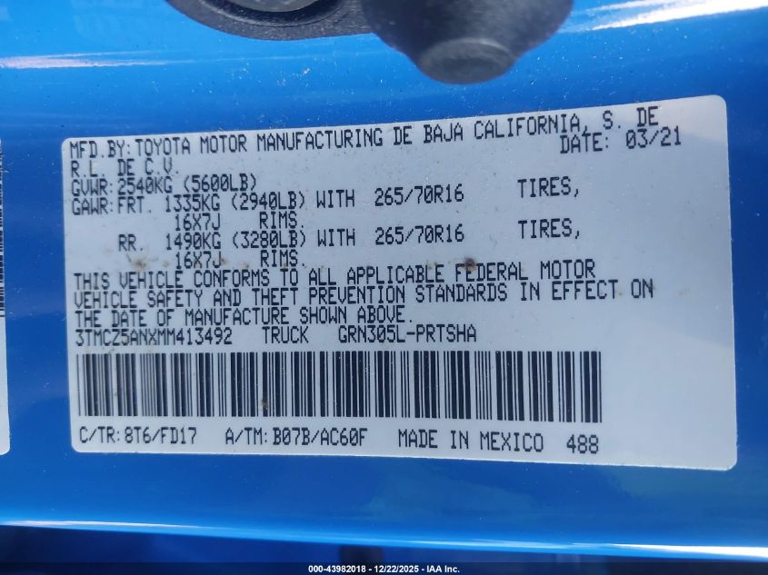 2021 Toyota Tacoma Trd Off-Road VIN: 3TMCZ5ANXMM413492 Lot: 43982018