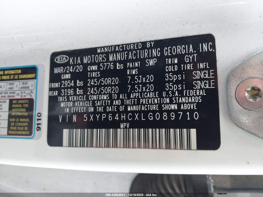 2020 Kia Telluride S VIN: 5XYP64HCXLG089710 Lot: 43982021