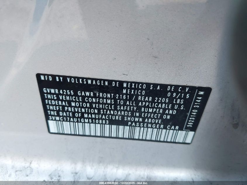 2016 Volkswagen Golf Sportwagen Tsi S 4-Door VIN: 3VWC17AU1GM510883 Lot: 43982024