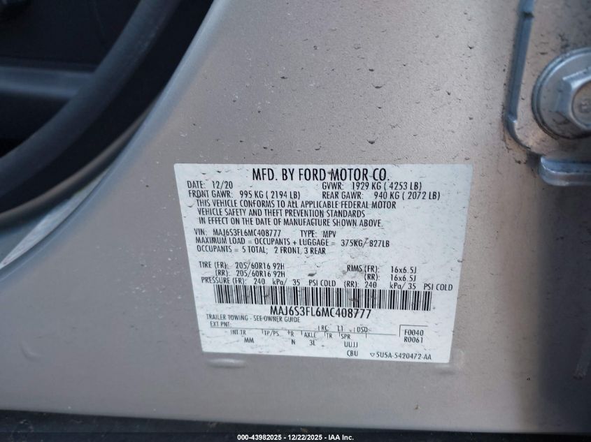 2021 Ford Ecosport S VIN: MAJ6S3FL6MC408777 Lot: 43982025