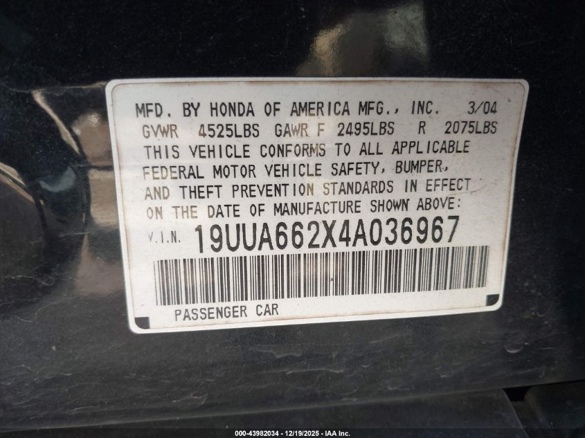 2004 Acura Tl VIN: 19UUA662X4A036967 Lot: 43982034