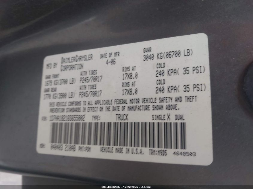 2006 Dodge Ram 1500 Slt VIN: 1D7HA18216S655802 Lot: 43982037