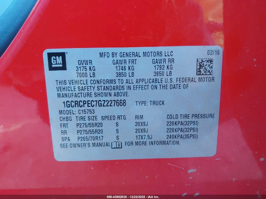 2016 Chevrolet Silverado 1500 Custom VIN: 1GCRCPEC7GZ227668 Lot: 43982038