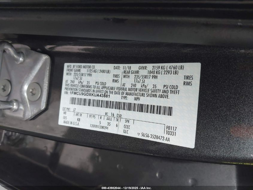 2019 Ford Escape Se VIN: 1FMCU9GDXKUA43881 Lot: 43982044