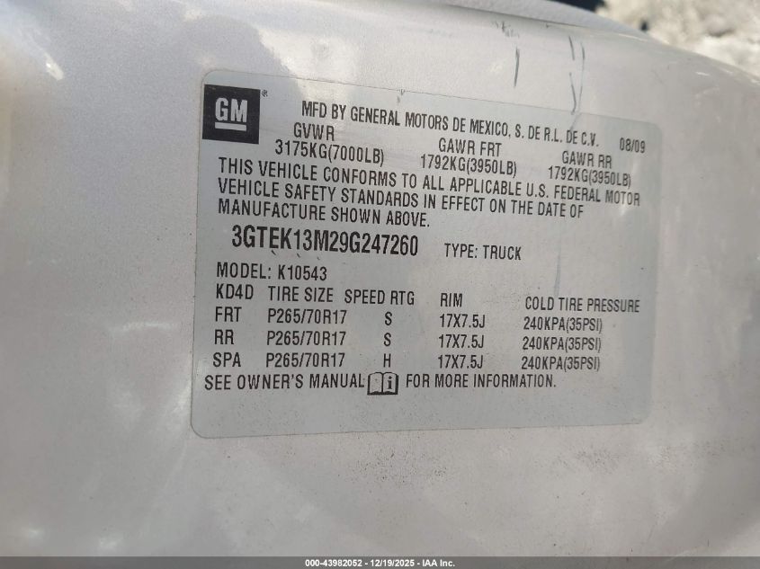 2009 GMC Sierra 1500 Work Truck VIN: 3GTEK13M29G247260 Lot: 43982052
