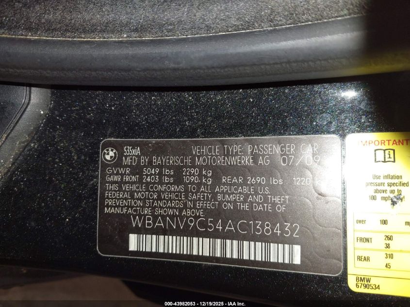 2010 BMW 535I xDrive VIN: WBANV9C54AC138432 Lot: 43982053