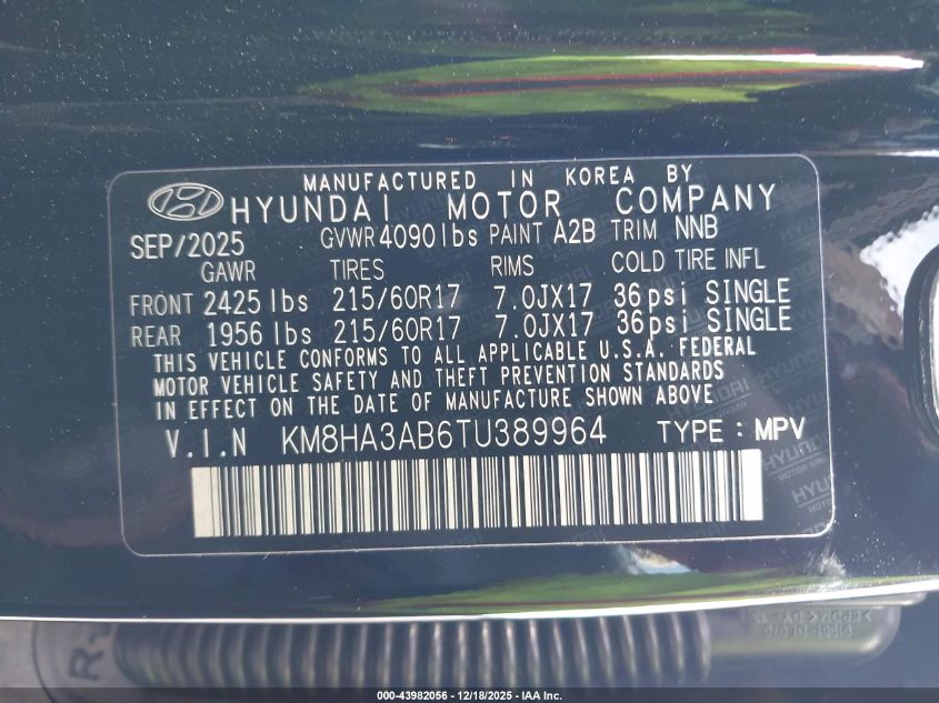 2026 Hyundai Kona Se VIN: KM8HA3AB6TU389964 Lot: 43982056