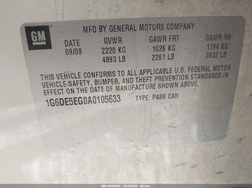 2010 Cadillac Cts Luxury VIN: 1G6DE5EG0A0105633 Lot: 43982063