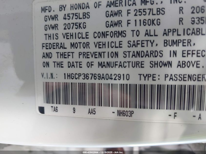 2009 Honda Accord 3.5 Ex VIN: 1HGCP36769A042910 Lot: 43982064