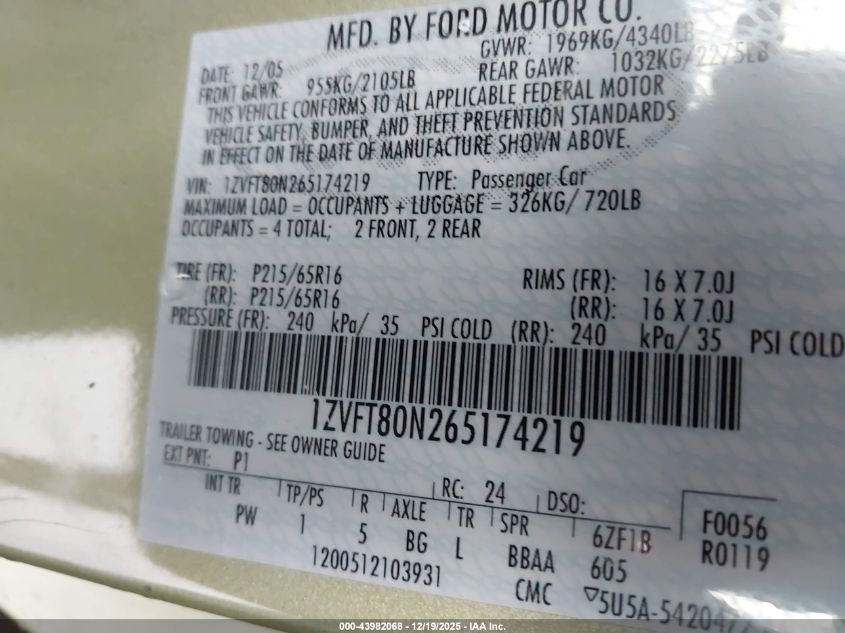 2006 Ford Mustang V6 VIN: 1ZVFT80N265174219 Lot: 43982068