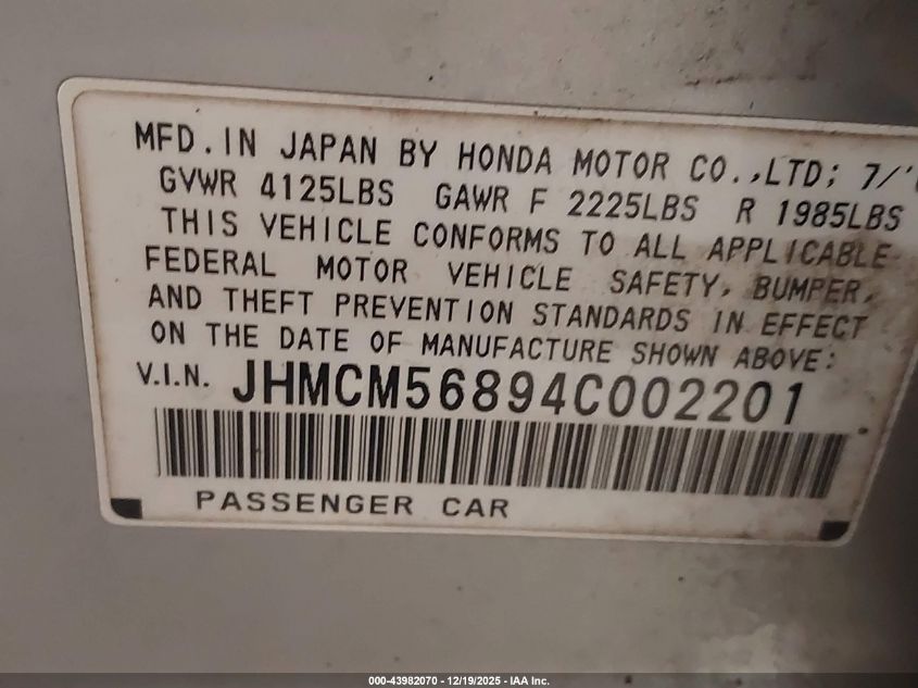 2004 Honda Accord 2.4 Ex VIN: JHMCM56894C002201 Lot: 43982070