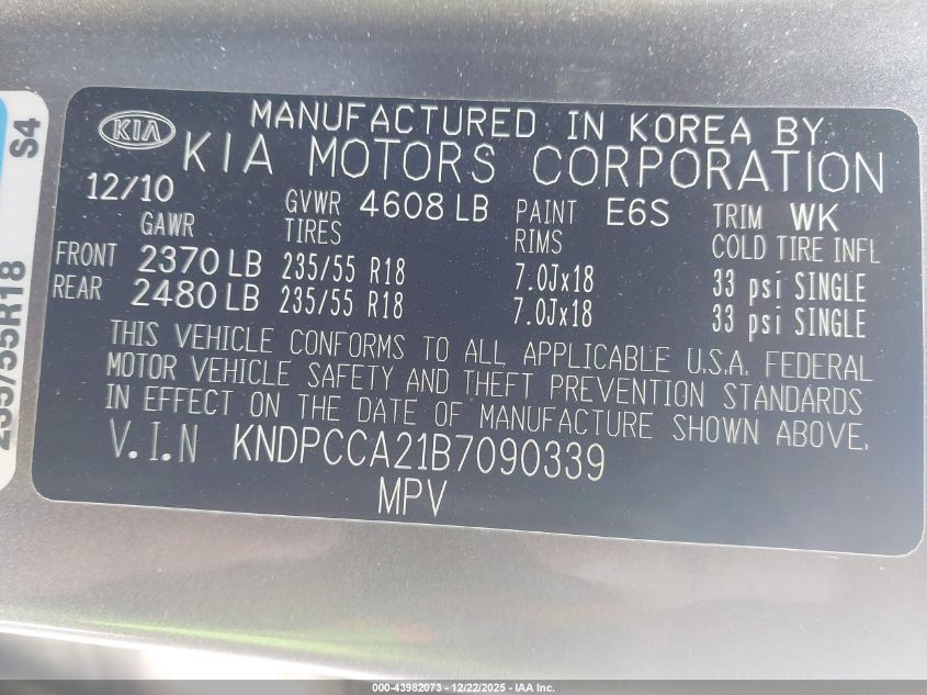 2011 Kia Sportage Ex VIN: KNDPCCA21B7090339 Lot: 43982073