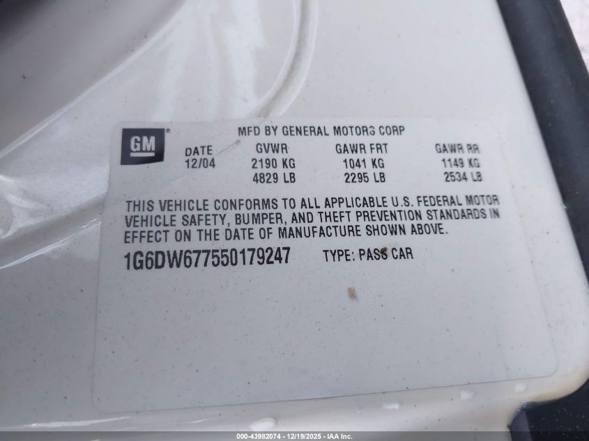 2005 Cadillac Sts V6 VIN: 1G6DW677550179247 Lot: 43982074