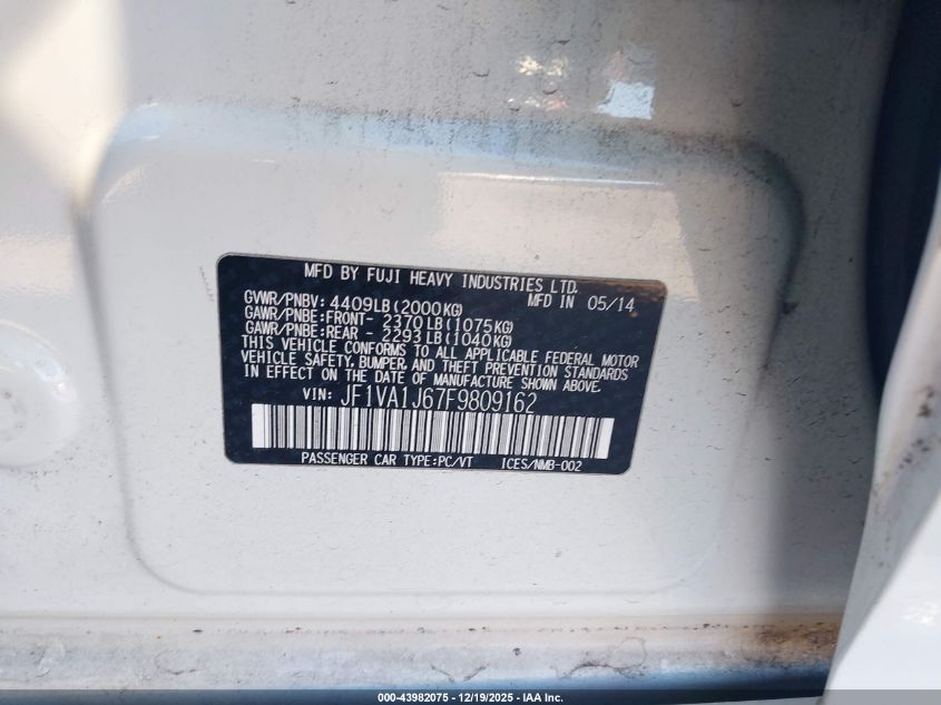 2015 Subaru Wrx Limited VIN: JF1VA1J67F9809162 Lot: 43982075