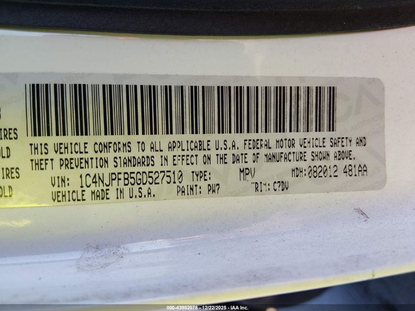 2016 Jeep Patriot Latitude VIN: 1C4NJPFB5GD527510 Lot: 43982078
