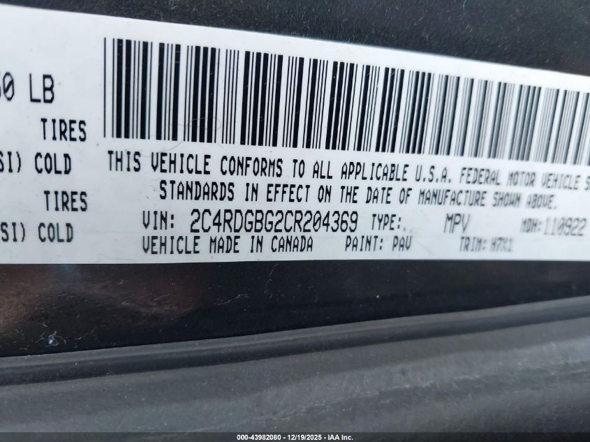 2012 Dodge Grand Caravan Se/Avp VIN: 2C4RDGBG2CR204369 Lot: 43982080