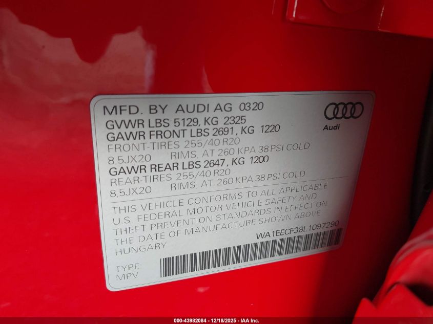 2020 Audi Q3 Premium Plus 45 Tfsi S Line Quattro Tiptronic VIN: WA1EECF38L1097290 Lot: 43982084