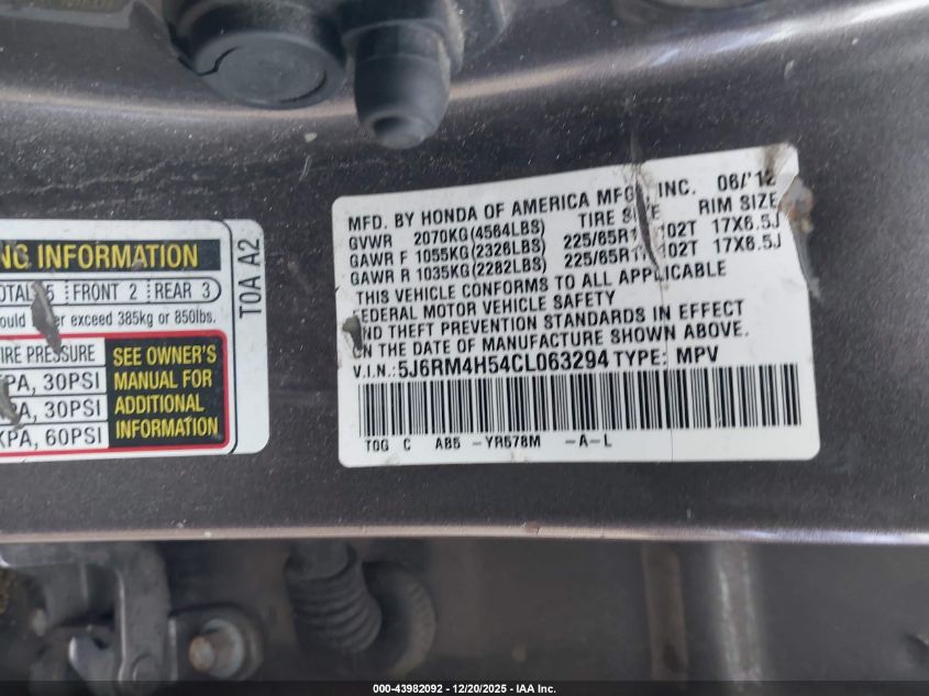 2012 Honda Cr-V Ex VIN: 5J6RM4H54CL063294 Lot: 43982092