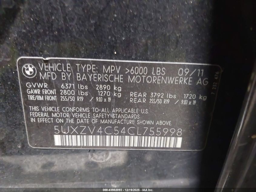 2012 BMW X5 xDrive35I/xDrive35I Premium/xDrive35I Sport Activity VIN: 5UXZV4C54CL755998 Lot: 43982093