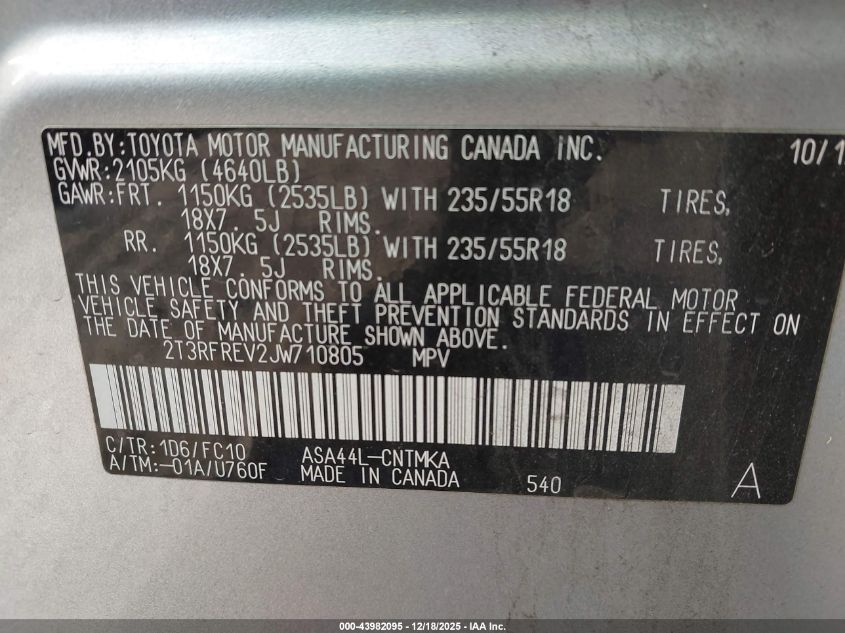 2018 Toyota Rav4 Adventure VIN: 2T3RFREV2JW710805 Lot: 43982095