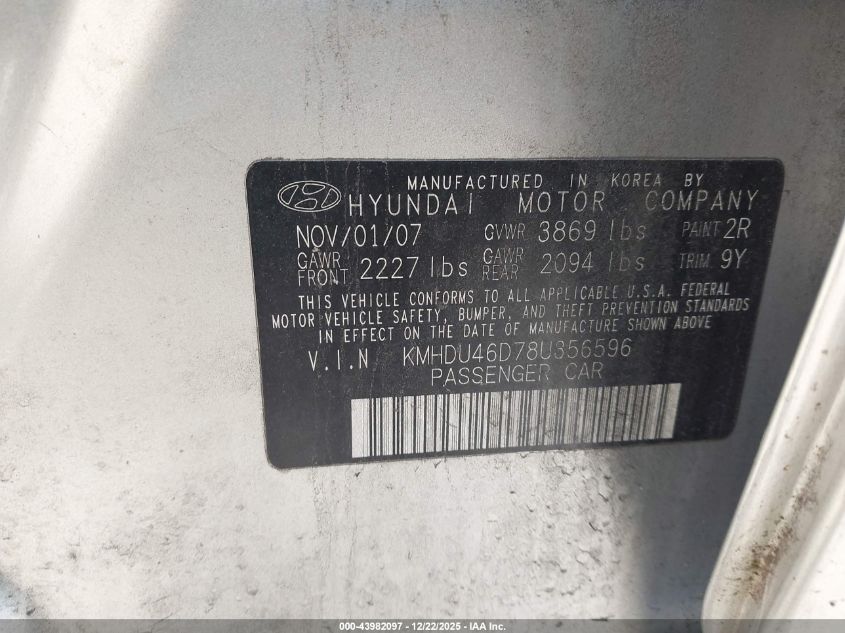 2008 Hyundai Elantra Gls/Se VIN: KMHDU46D78U356596 Lot: 43982097