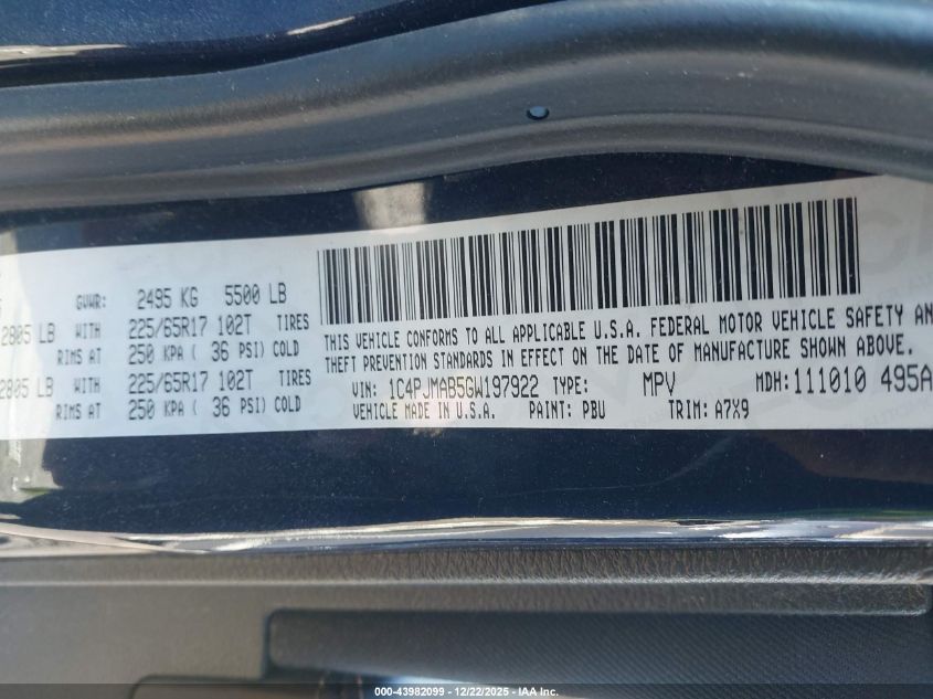 2016 Jeep Cherokee Sport VIN: 1C4PJMAB5GW197922 Lot: 43982099